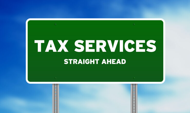 High resolution graphic of a tax services highway sign on Cloud Background.